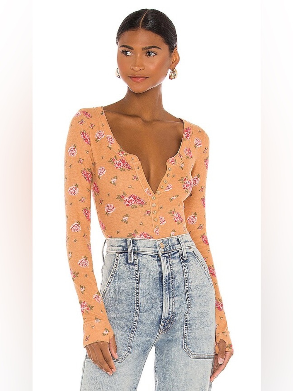 Free People Dylan Thermal Printed Bodysuit Tan Floral Cottagecore Henley Size L